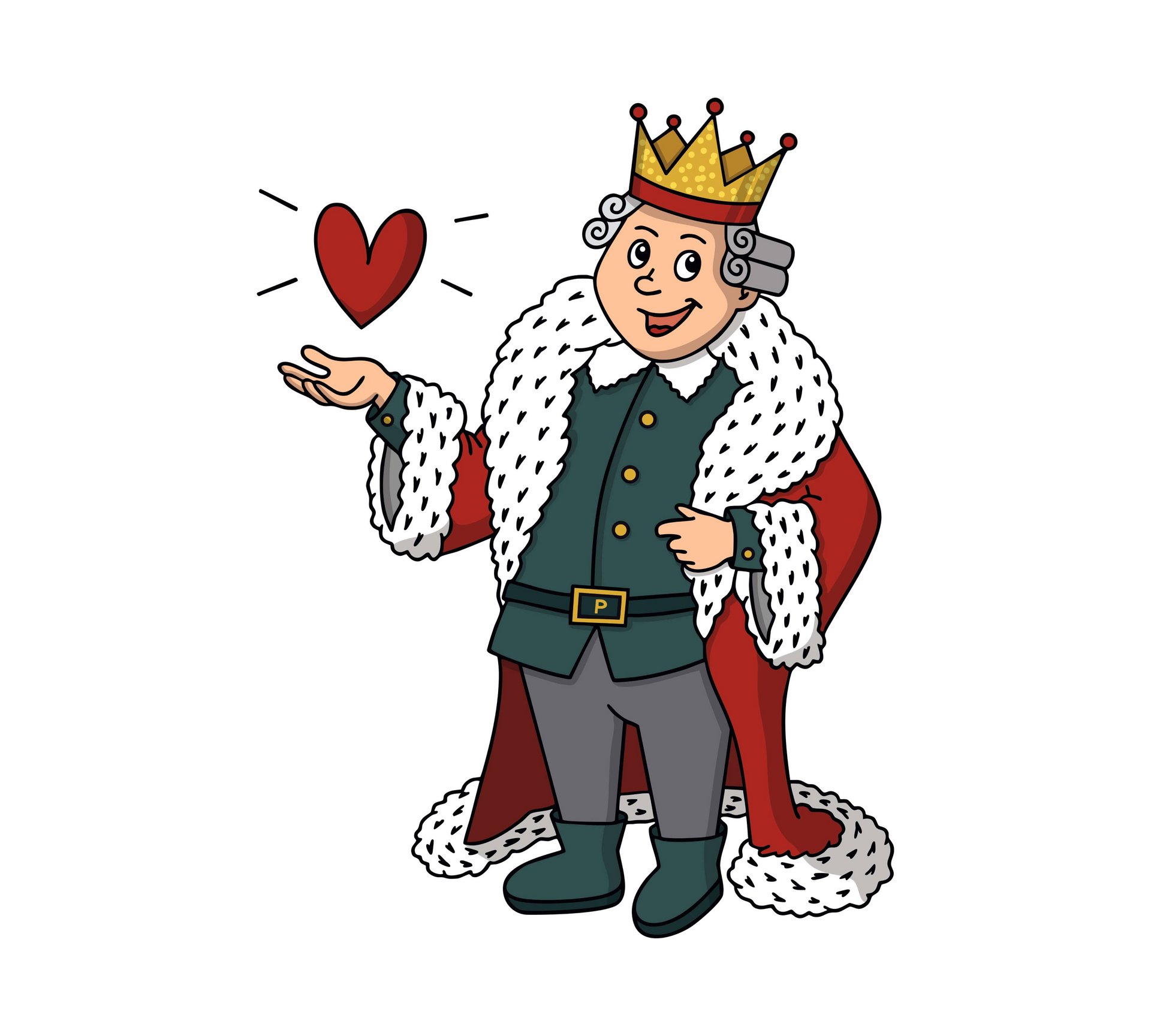 Re e mantello reale che mostra un cuore rosso nella mano