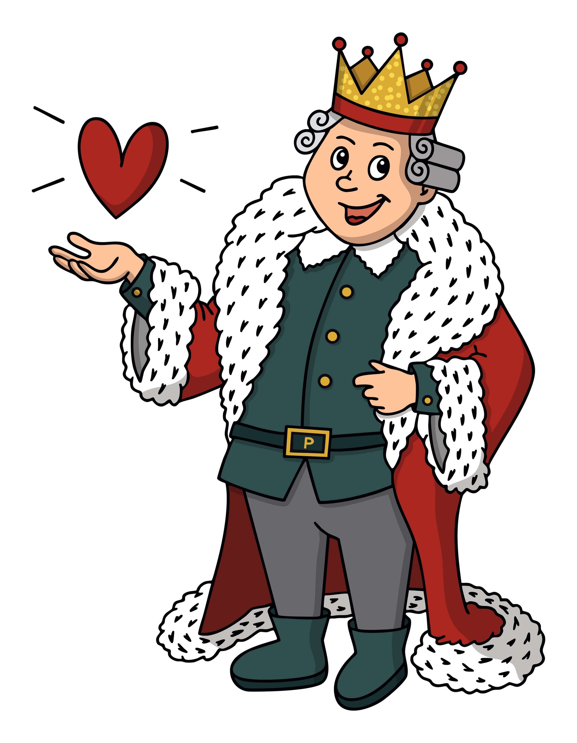 King with crown and robe holding a heart symbol