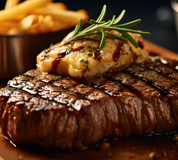 Gegrilltes Steak mit Kräuterbutter und Pommes Frites auf Holzbrett