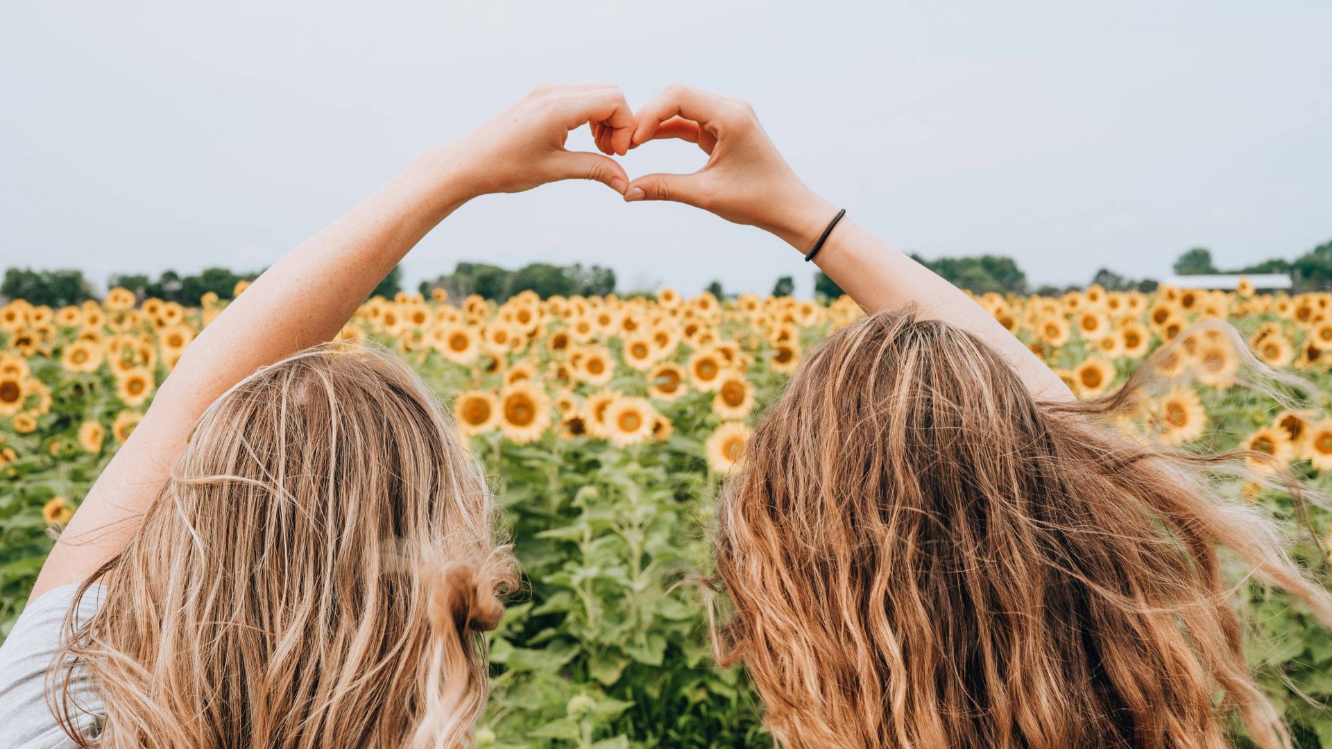 Adventures for teenagers at our hotel in South Tyrol Two women making a heart shape with their hands in front of a sunflower field